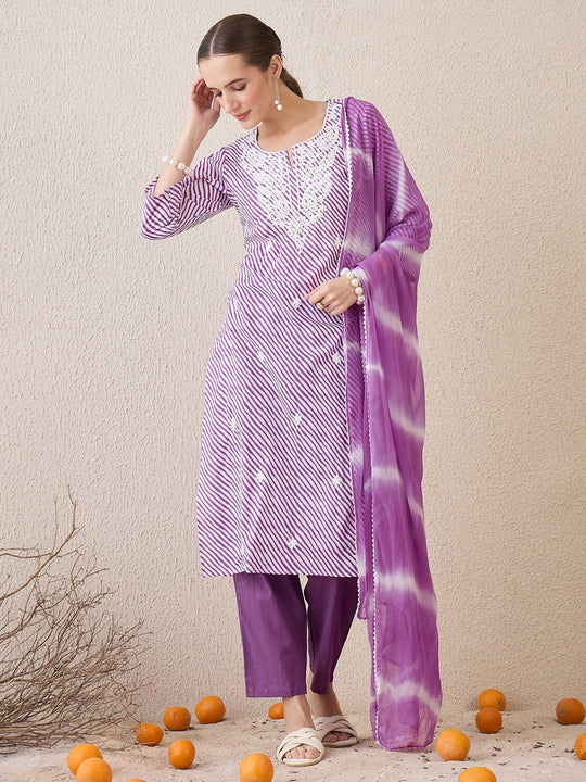 Indo Era Purple Embroidered Straight Kurta Trousers With Dupatta Set