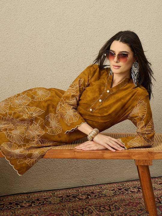 Indo Era Mustard Embroidered Straight Kurta Trousers Set