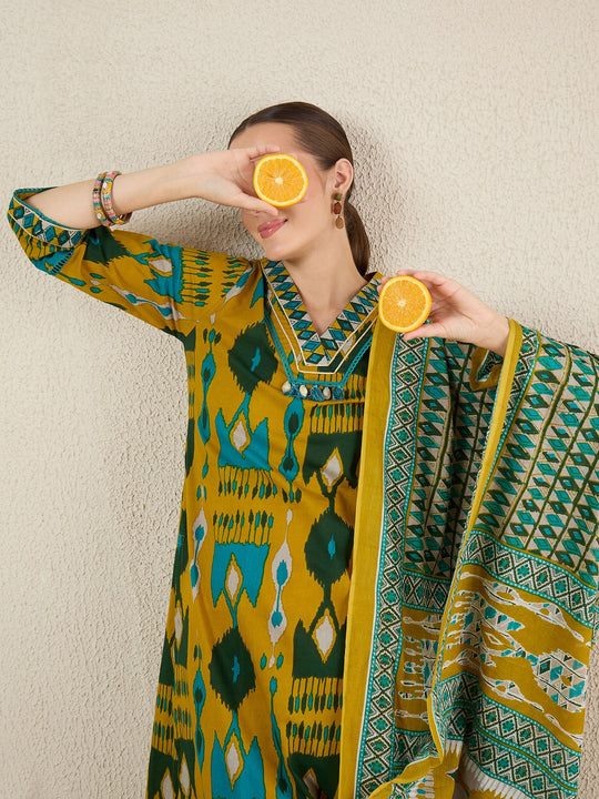 Mustard Printed Pure Cotton Straight Kurta Sets With Dupatta