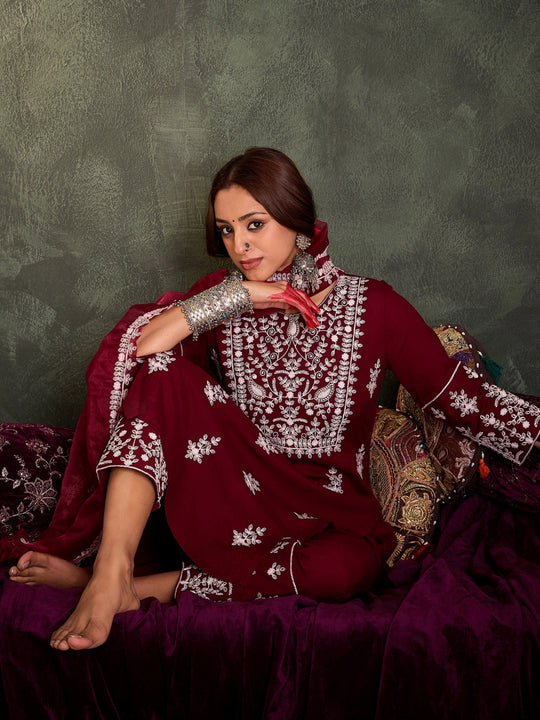 Indo Era Maroon Embroidered Straight Kurta Trousers With Dupatta Set