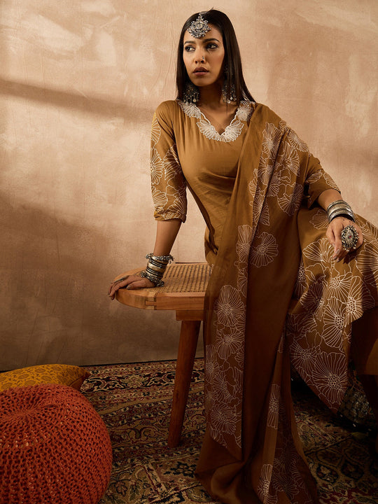 Indo Era Mustard Embroidered Straight Kurta Trousers With Dupatta Set