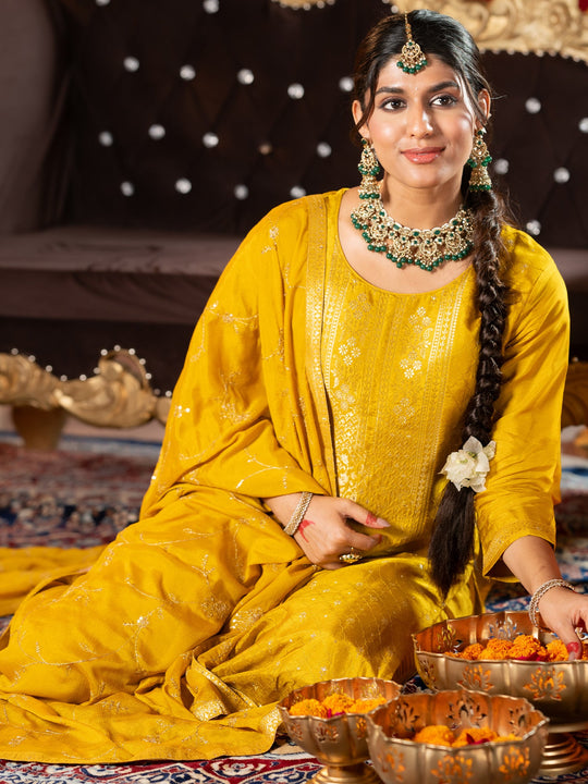 Yellow Woven Design Straight Silk Blend Suit With Dupatta