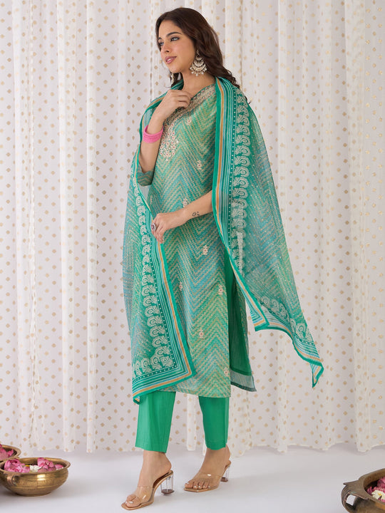 Indo Era Multi Embroidered Straight Kurta Trousers With Dupatta Set