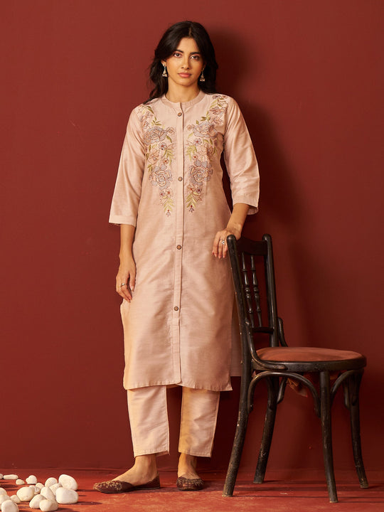 Beige Embroidered Pure Cotton Straight Women Kurta Trouser Set