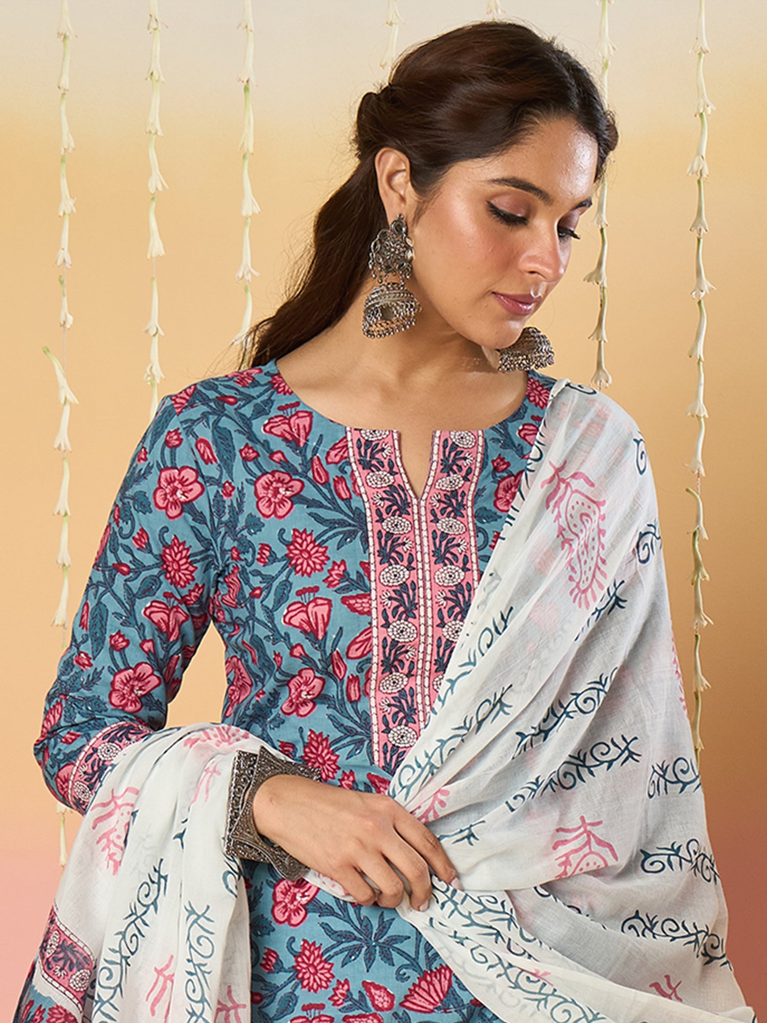 Blue Printed Straight Kurta Trousers With Dupatta