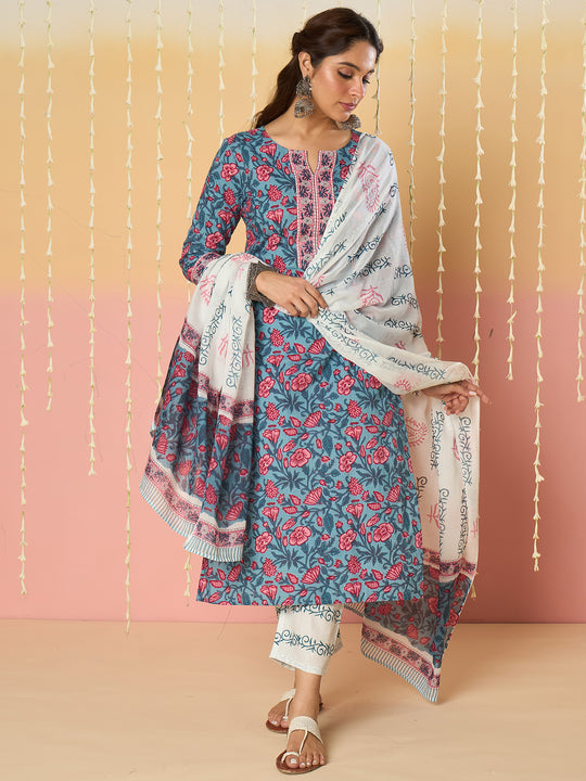 Blue Printed Straight Kurta Trousers With Dupatta
