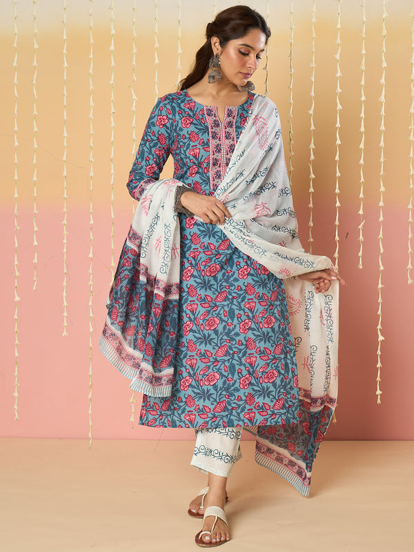 Blue Printed Straight Kurta Trousers With Dupatta