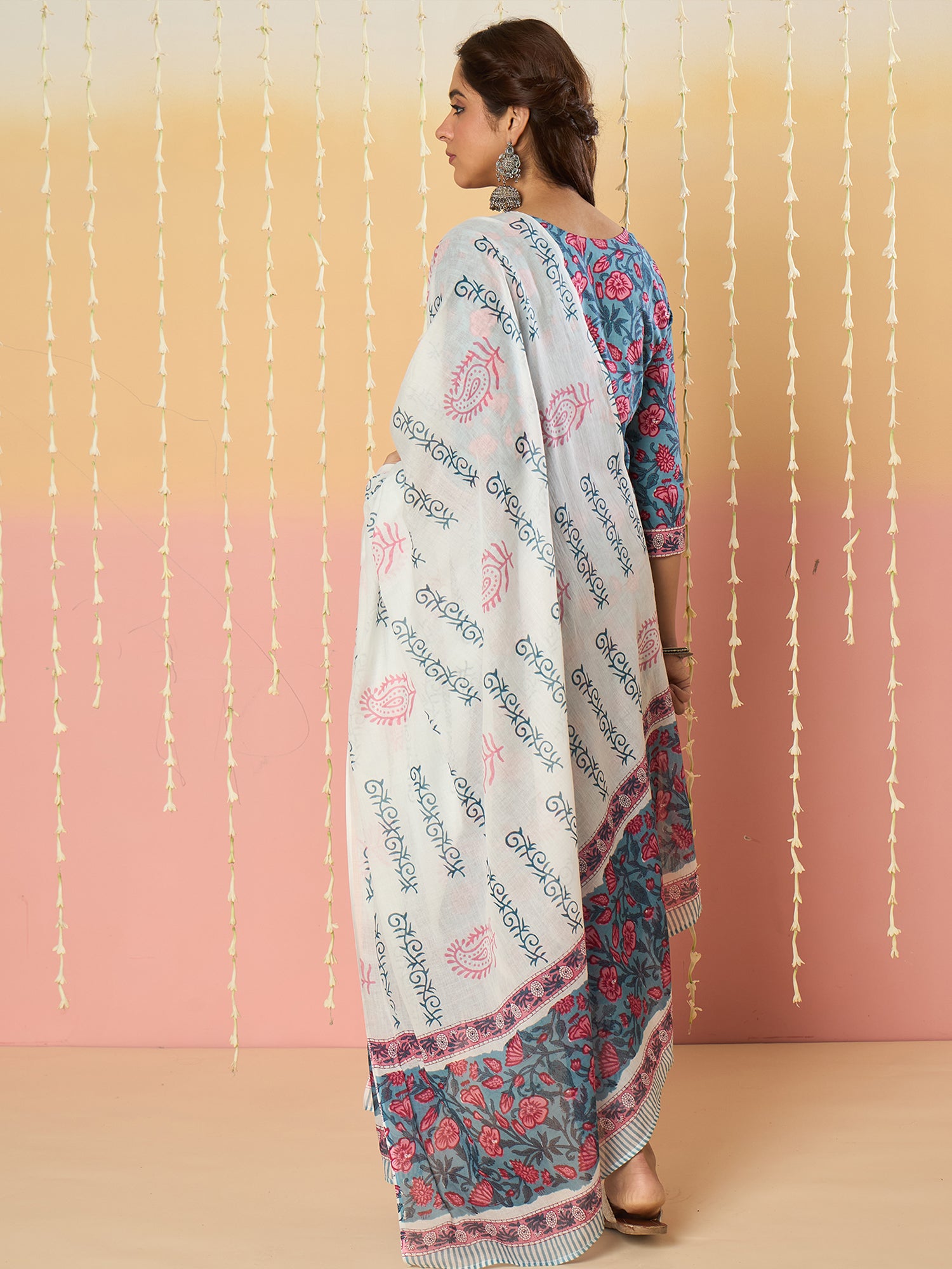 Blue Printed Straight Kurta Trousers With Dupatta