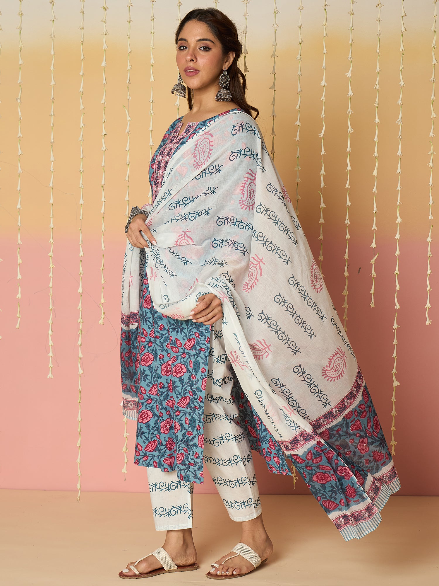 Blue Printed Straight Kurta Trousers With Dupatta