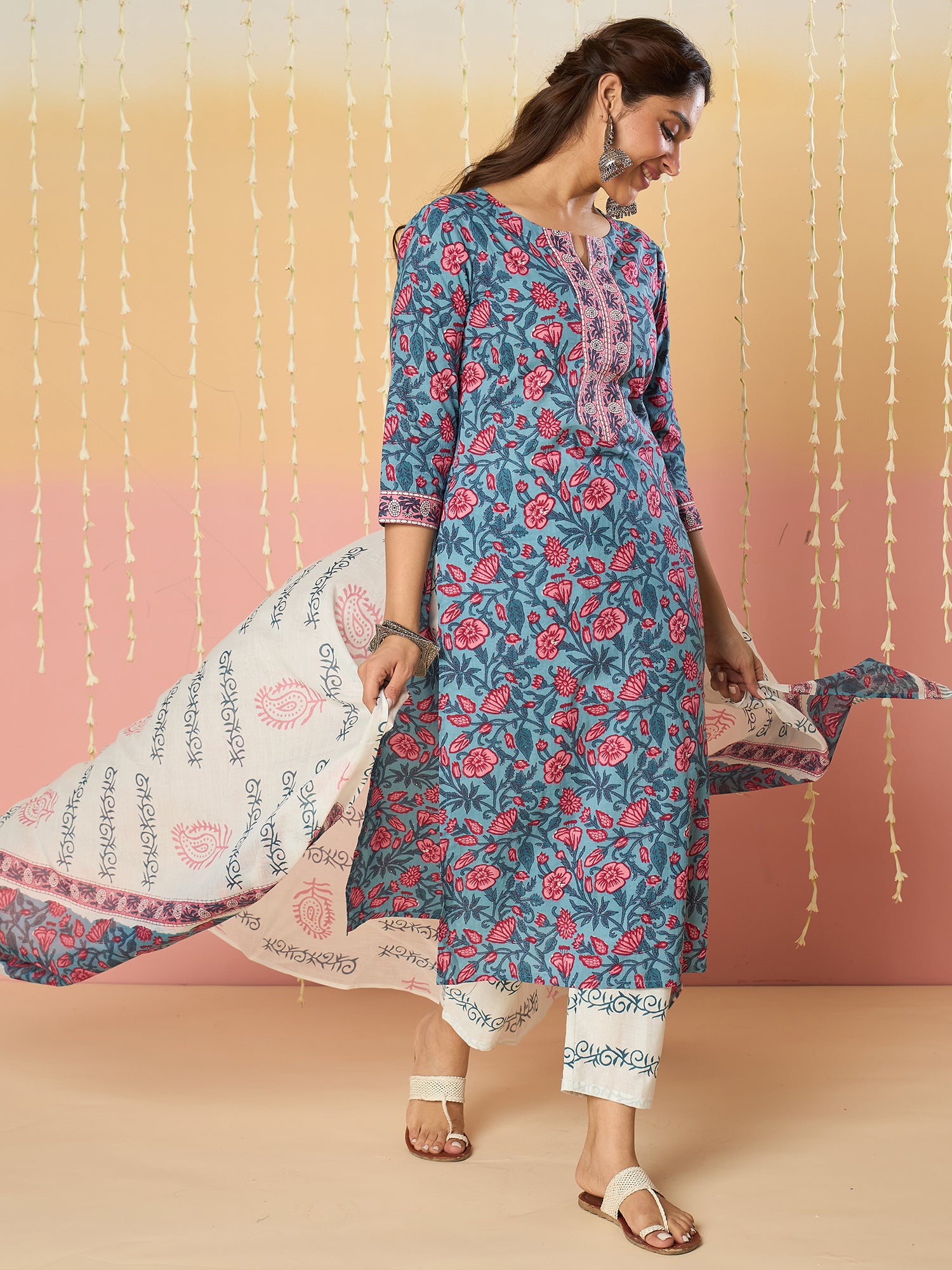 Blue Printed Straight Kurta Trousers With Dupatta