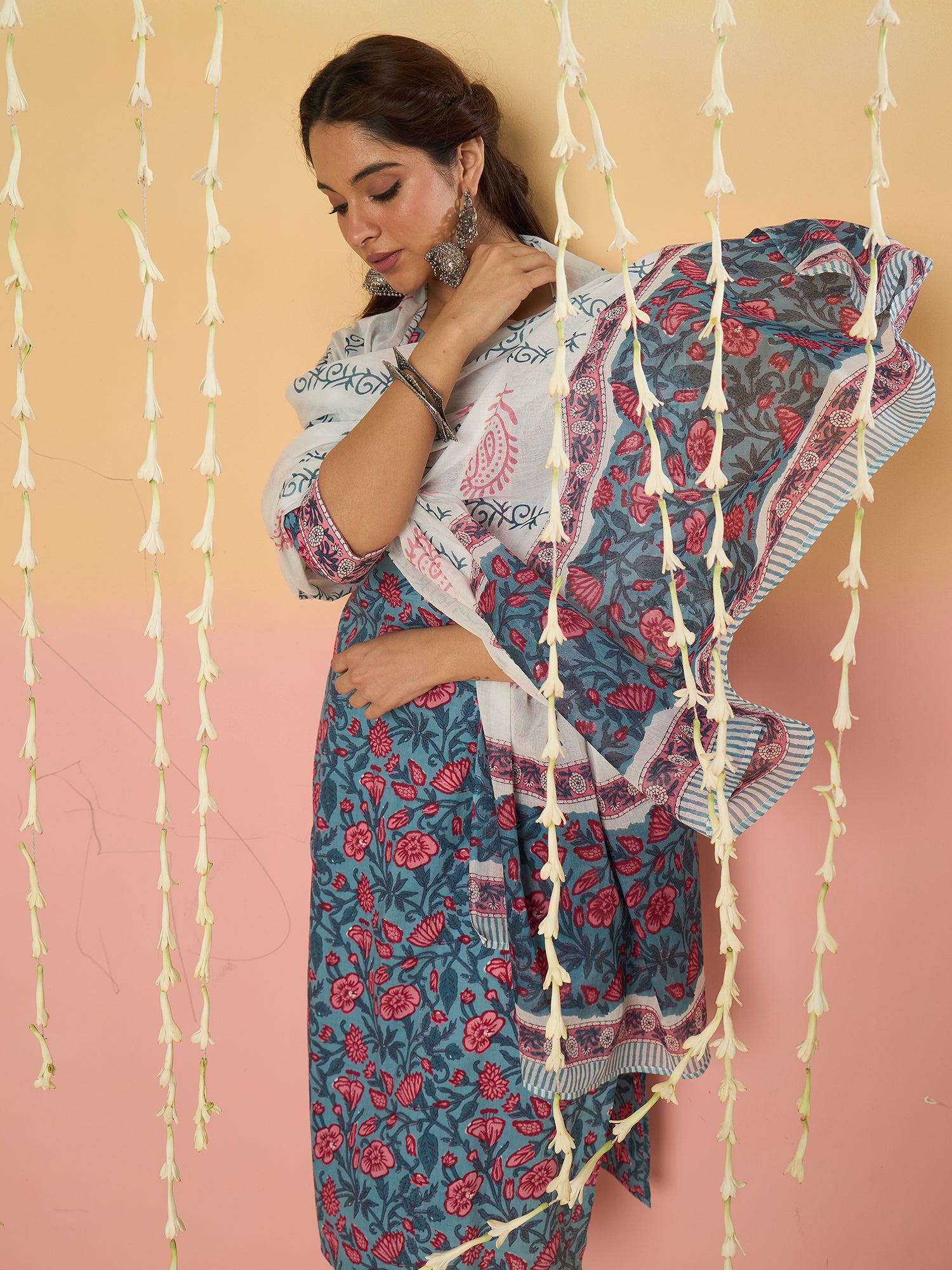 Blue Printed Straight Kurta Trousers With Dupatta