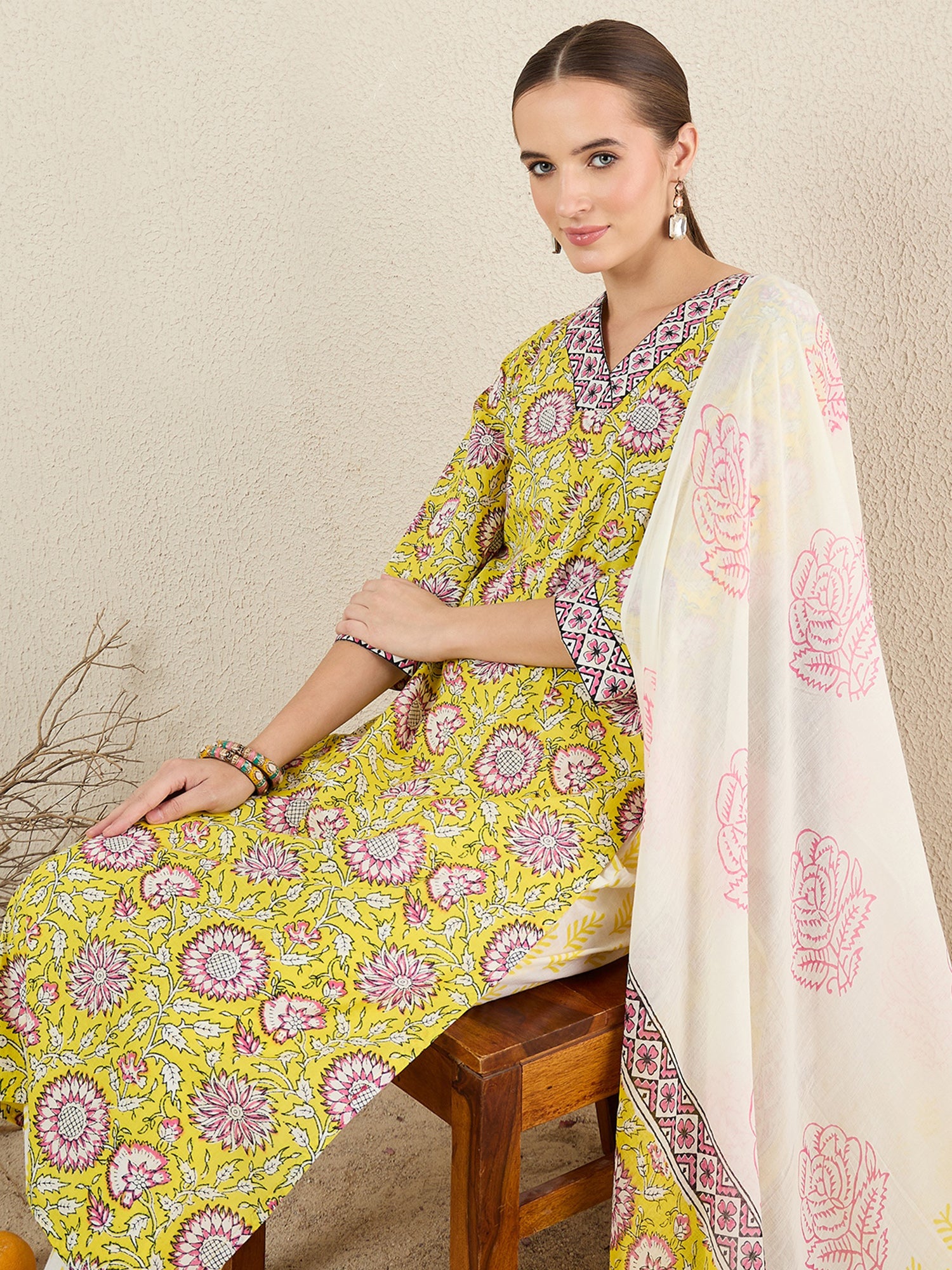 Yellow Printed Straight Pure Cotton Kurta Set With Dupatta