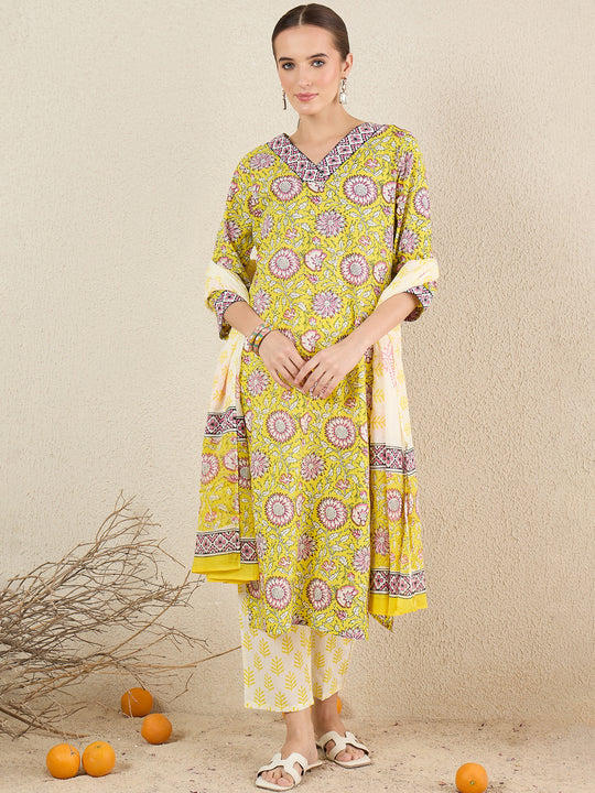 Yellow Printed Straight Pure Cotton Kurta Set With Dupatta