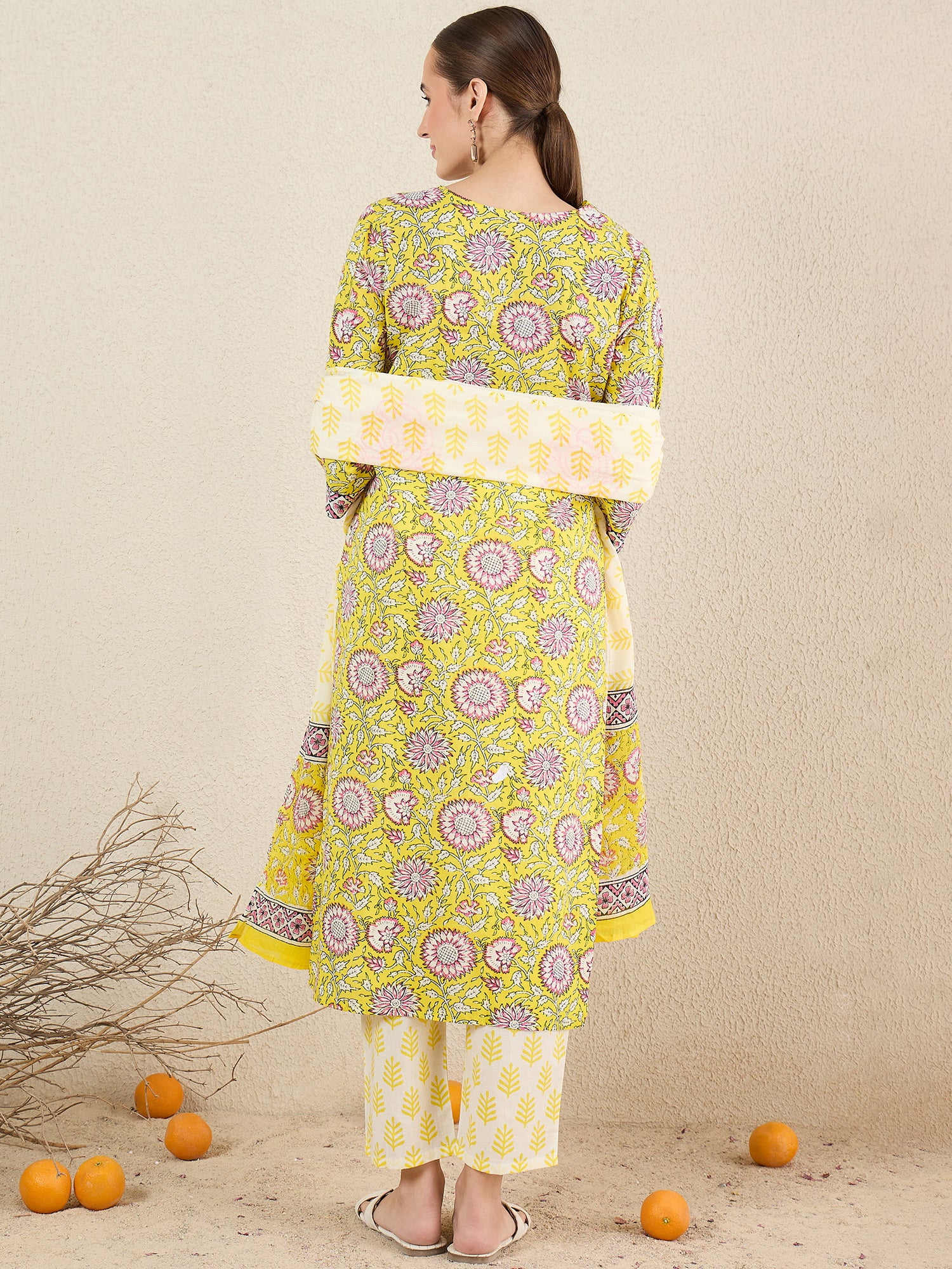 Yellow Printed Straight Pure Cotton Kurta Set With Dupatta