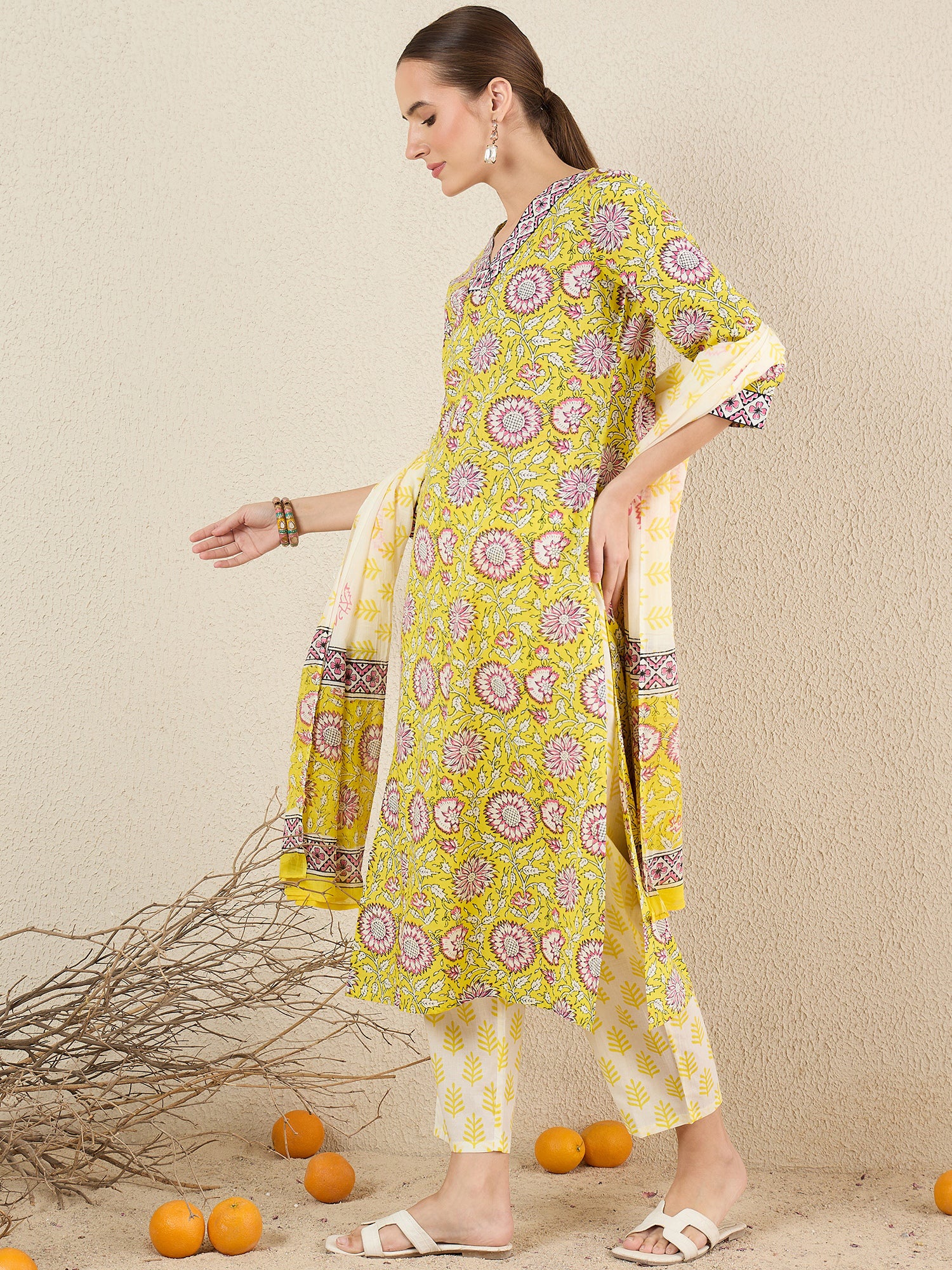 Yellow Printed Straight Pure Cotton Kurta Set With Dupatta
