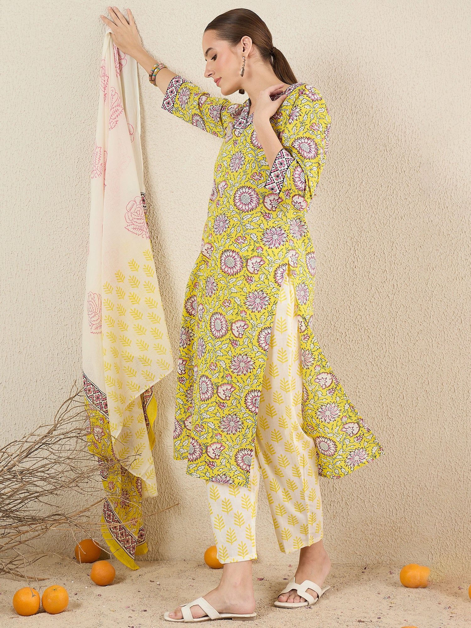 Yellow Printed Straight Pure Cotton Kurta Set With Dupatta
