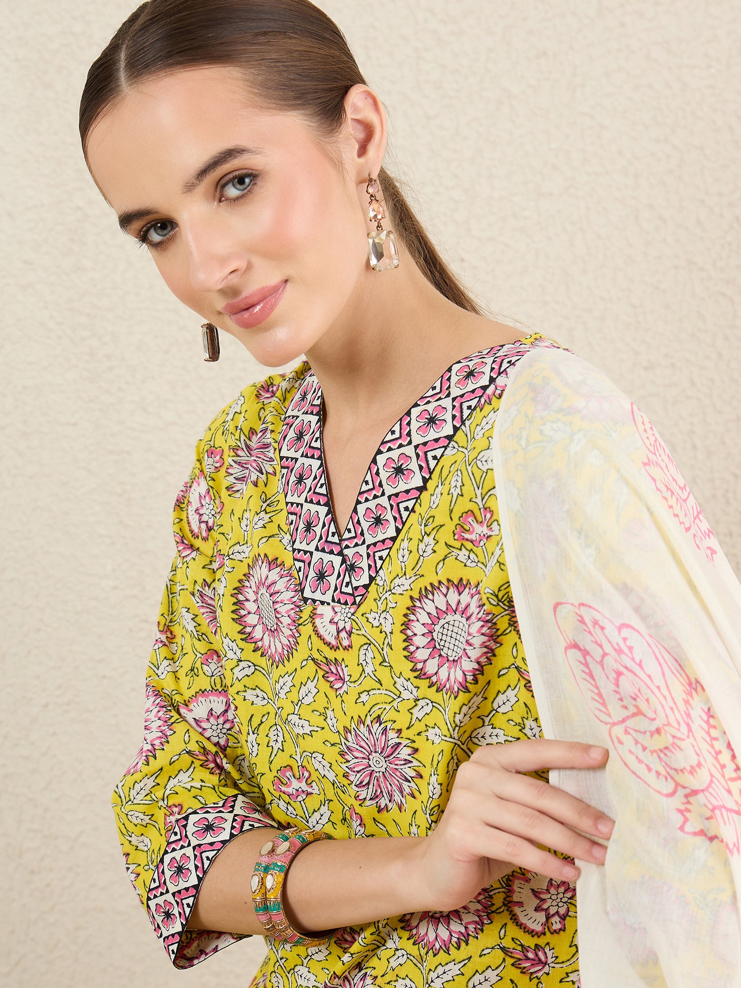 Yellow Printed Straight Pure Cotton Kurta Set With Dupatta