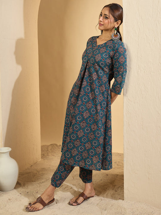 Teal Printed Pure Cotton A-Line Kurta With Trouser Set