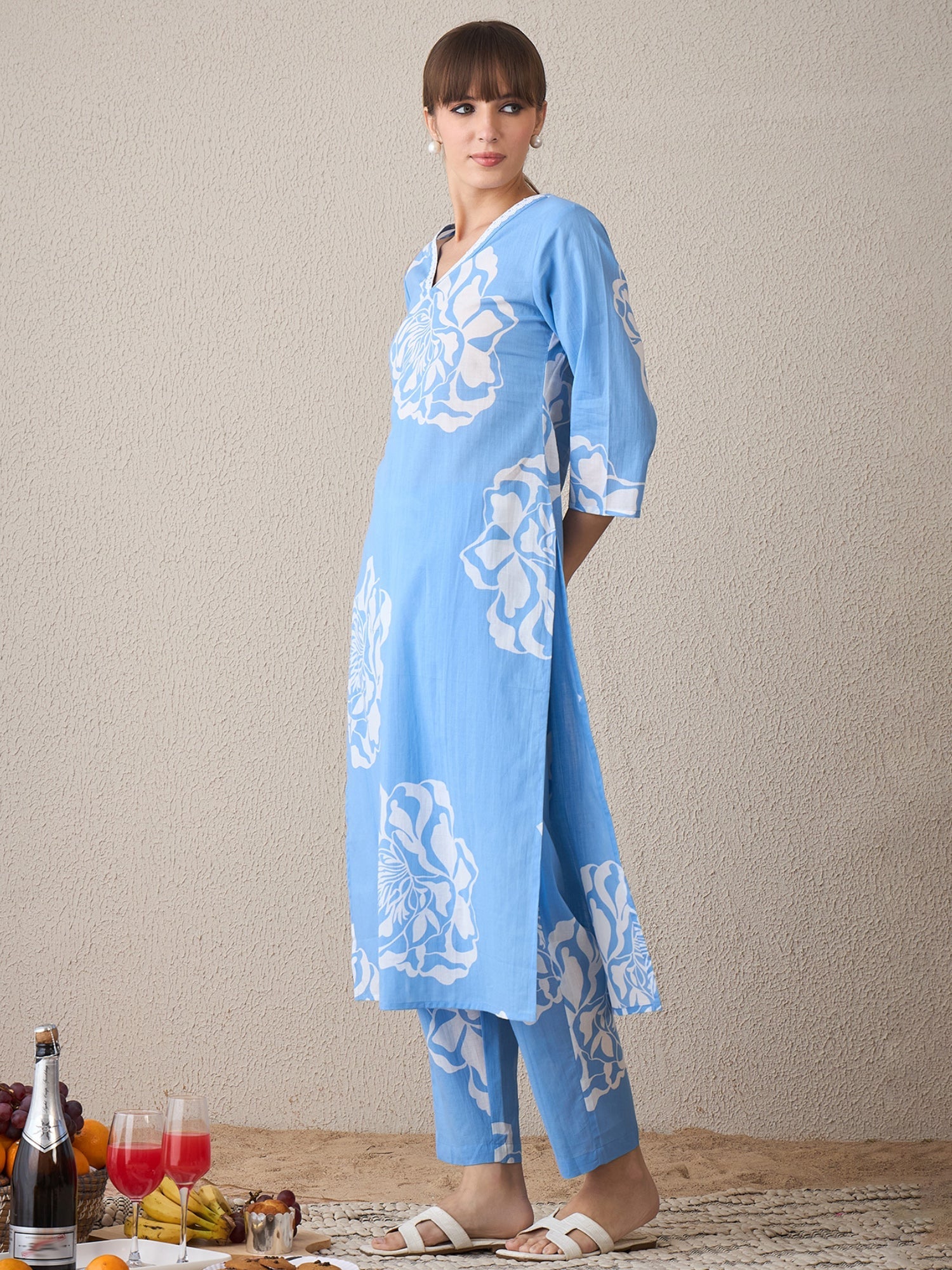 indo era, suit, kurta set for women, indo era kurta, kurta sets for ladies, summer dresses for women, 3 piece suit, cotton kurta set for women, new arrivals, women kurti plazo set, women in suit, kurta suit, floral kurta, short suit, spring summer, Blue suit