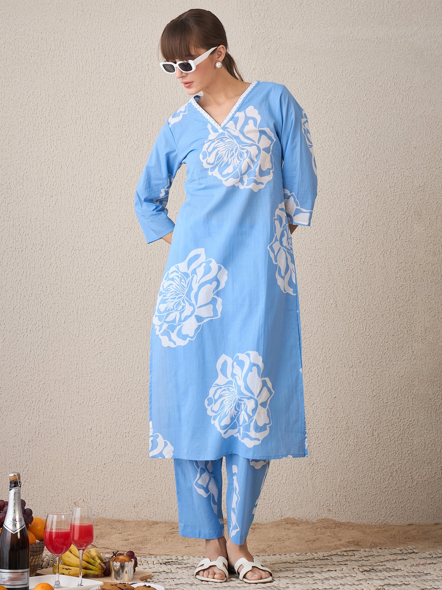 indo era, suit, kurta set for women, indo era kurta, kurta sets for ladies, summer dresses for women, 3 piece suit, cotton kurta set for women, new arrivals, women kurti plazo set, women in suit, kurta suit, floral kurta, short suit, spring summer, Blue suit