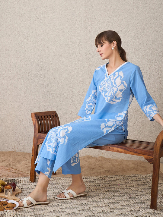 Indo Era Blue Printed Straight Kurta Trousers Set