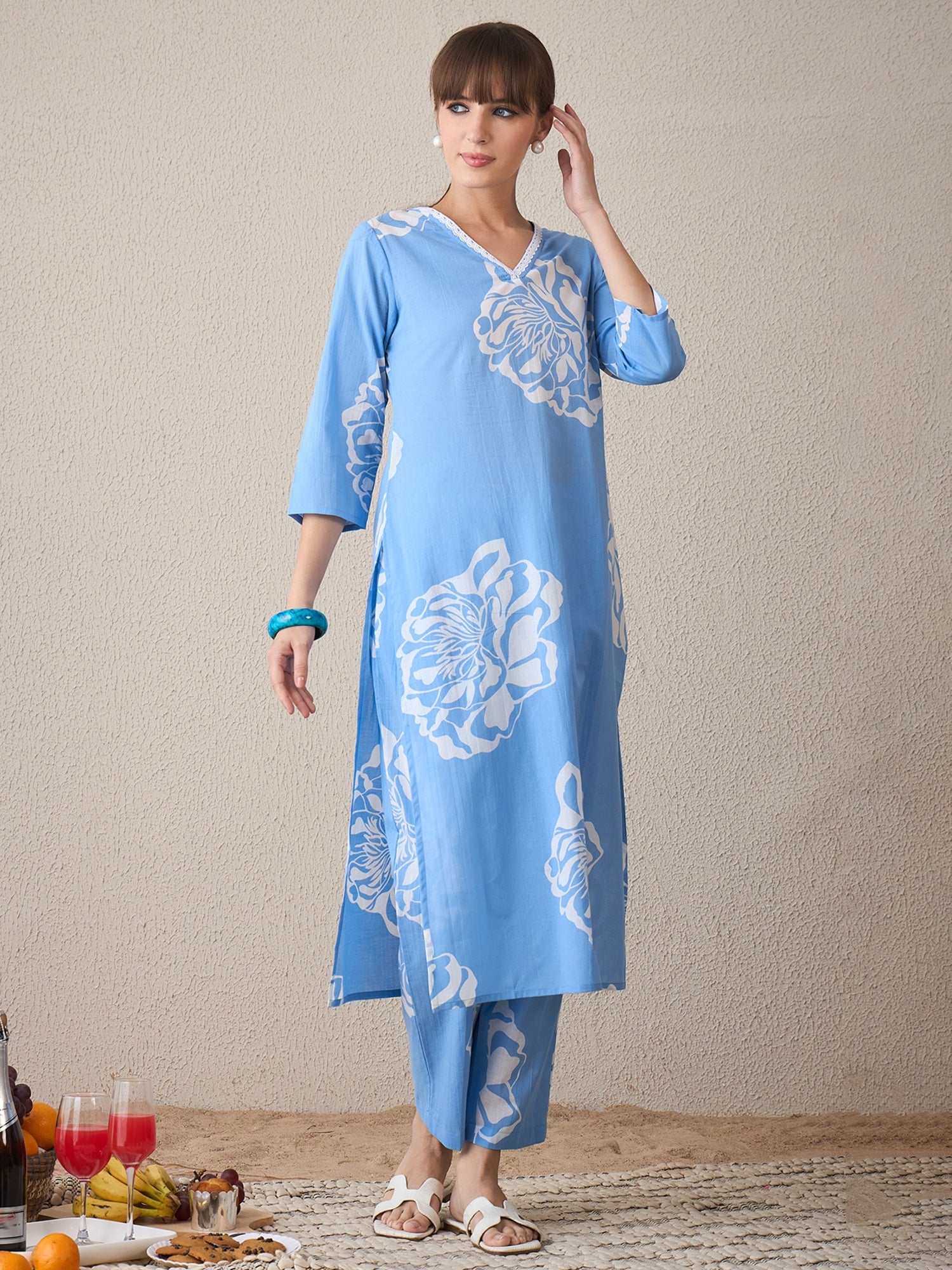 indo era, suit, kurta set for women, indo era kurta, kurta sets for ladies, summer dresses for women, 3 piece suit, cotton kurta set for women, new arrivals, women kurti plazo set, women in suit, kurta suit, floral kurta, short suit, spring summer, Blue suit