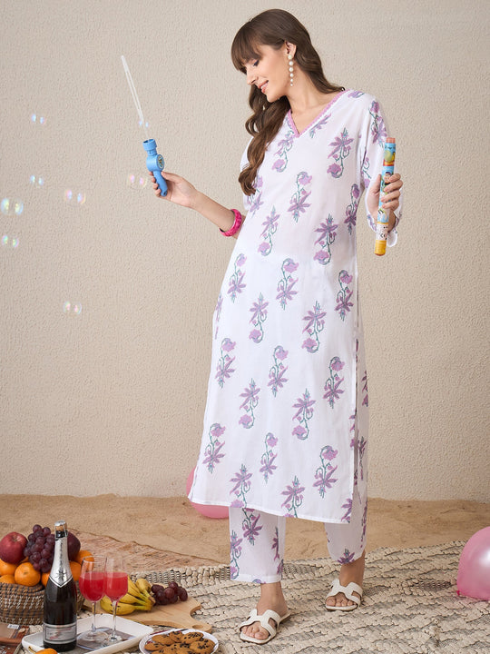 Indo Era White Printed Straight Kurta Trousers Set