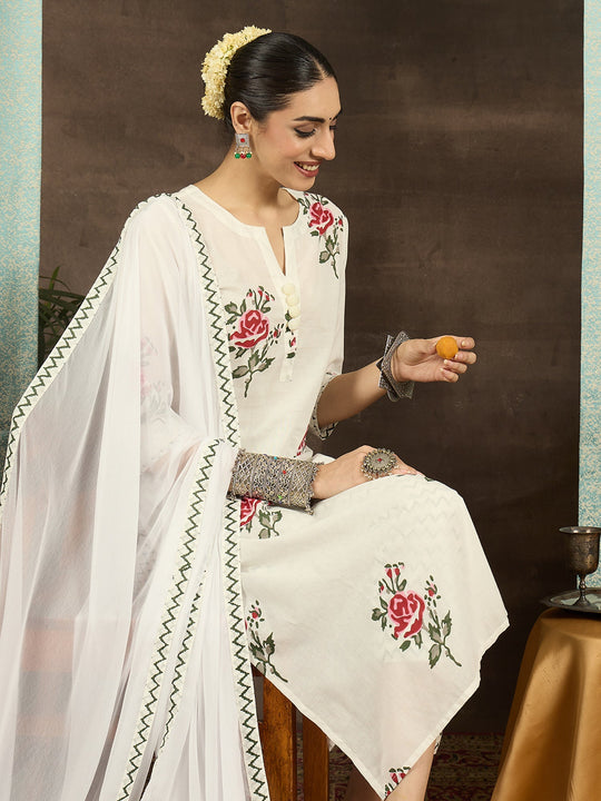 White Printed Pure Cotton Straight Suit Set With Dupatta