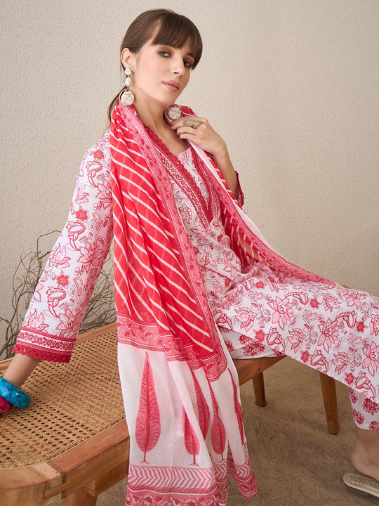 Indo Era Off White Printed Straight Kurta With Dupatta Set