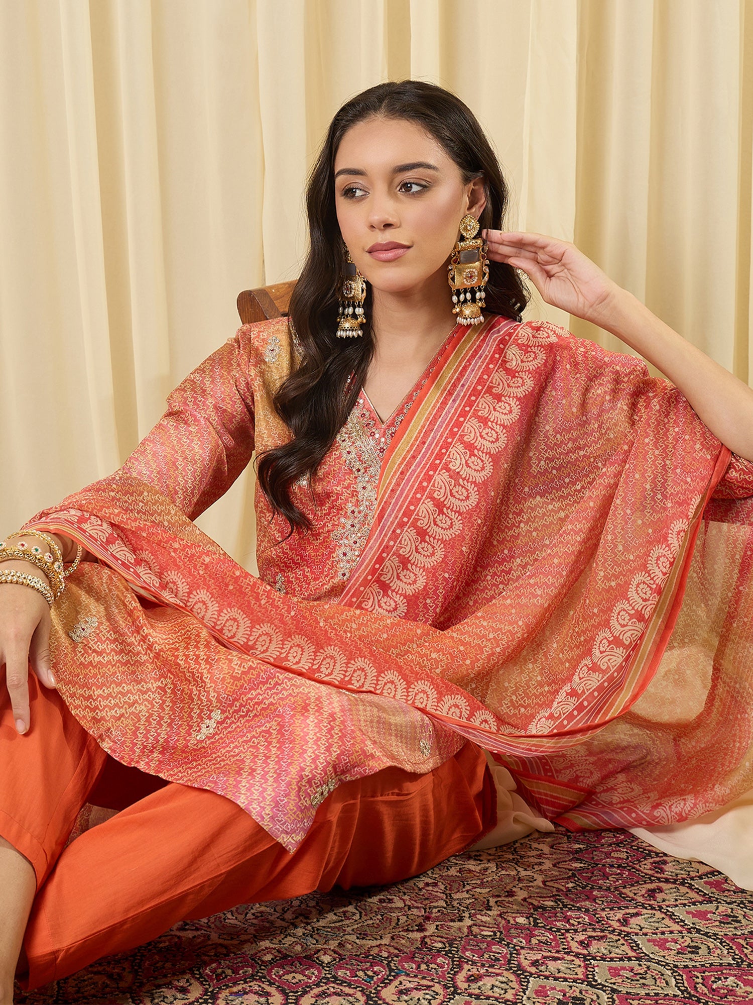 Indo Era Orange Embroidered Straight Kurta Trousers With Dupatta Set