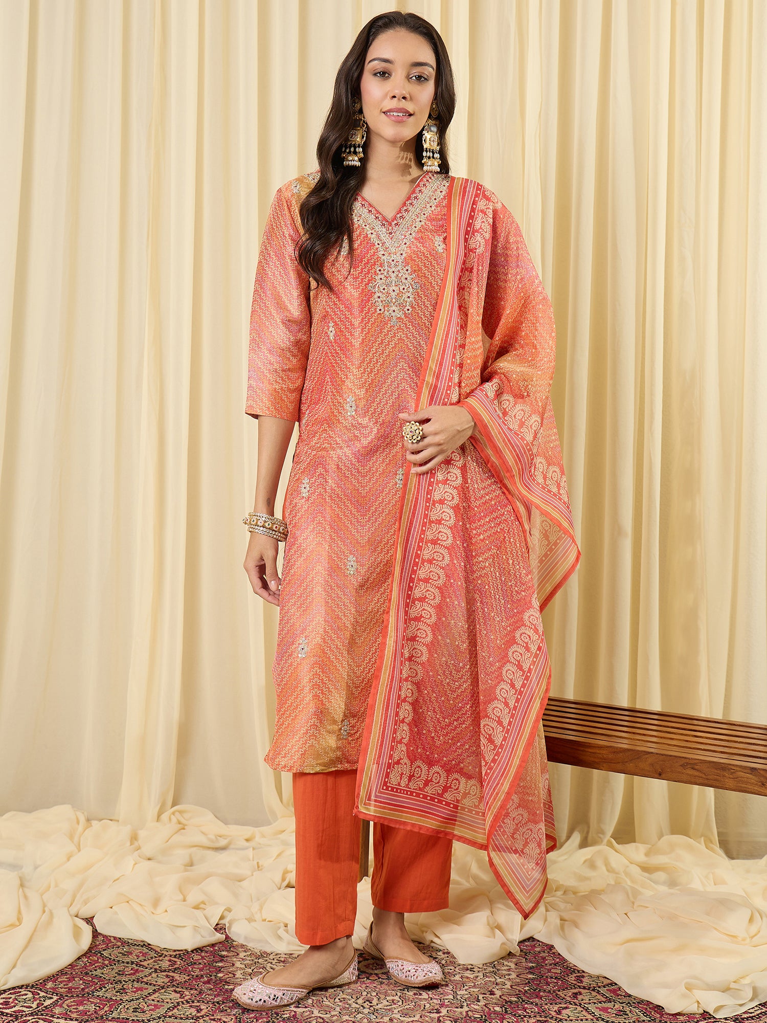 Indo Era Orange Embroidered Straight Kurta Trousers With Dupatta Set