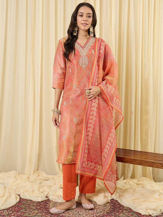 Indo Era Orange Embroidered Straight Kurta Trousers With Dupatta Set