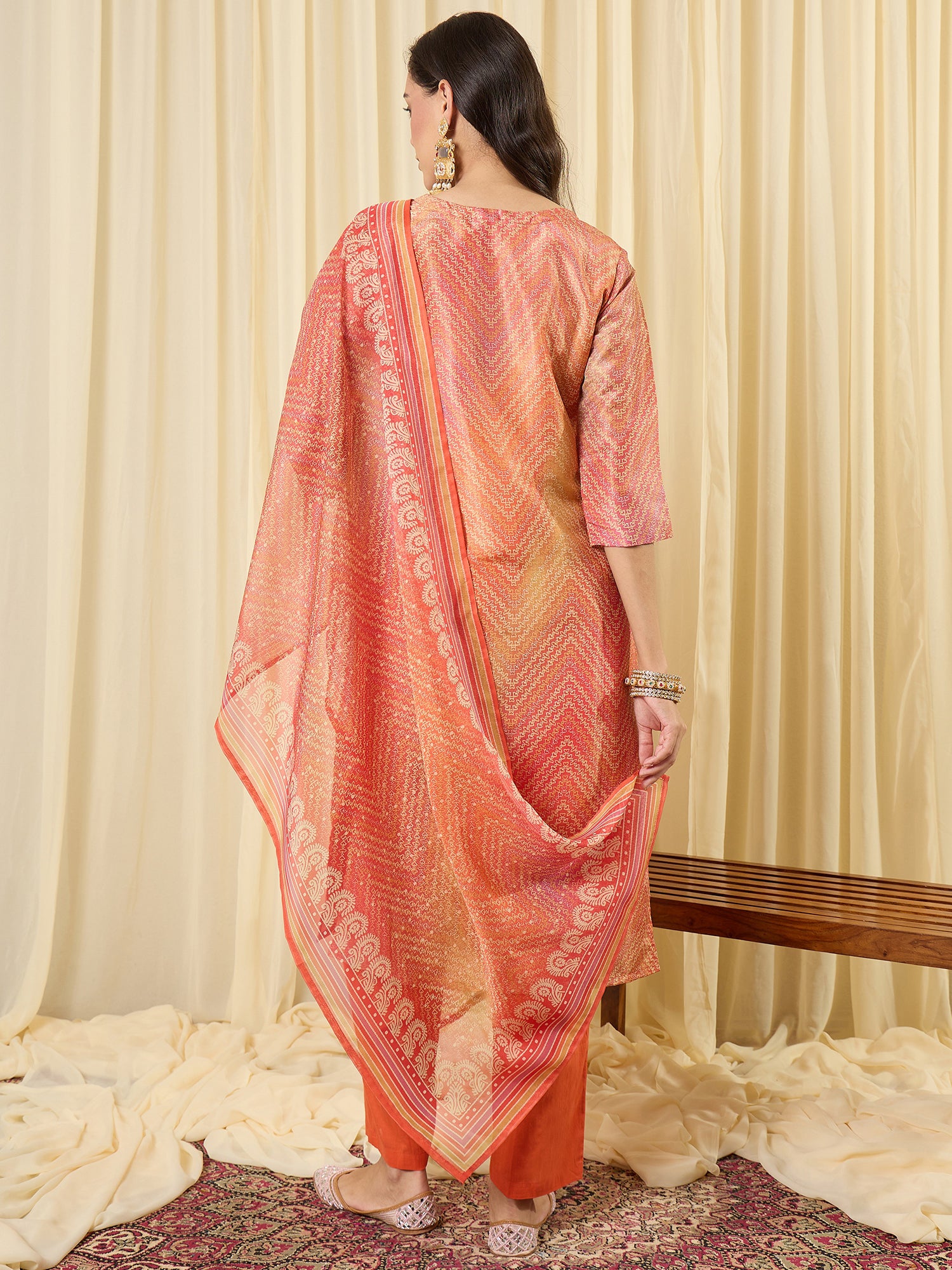 Indo Era Orange Embroidered Straight Kurta Trousers With Dupatta Set