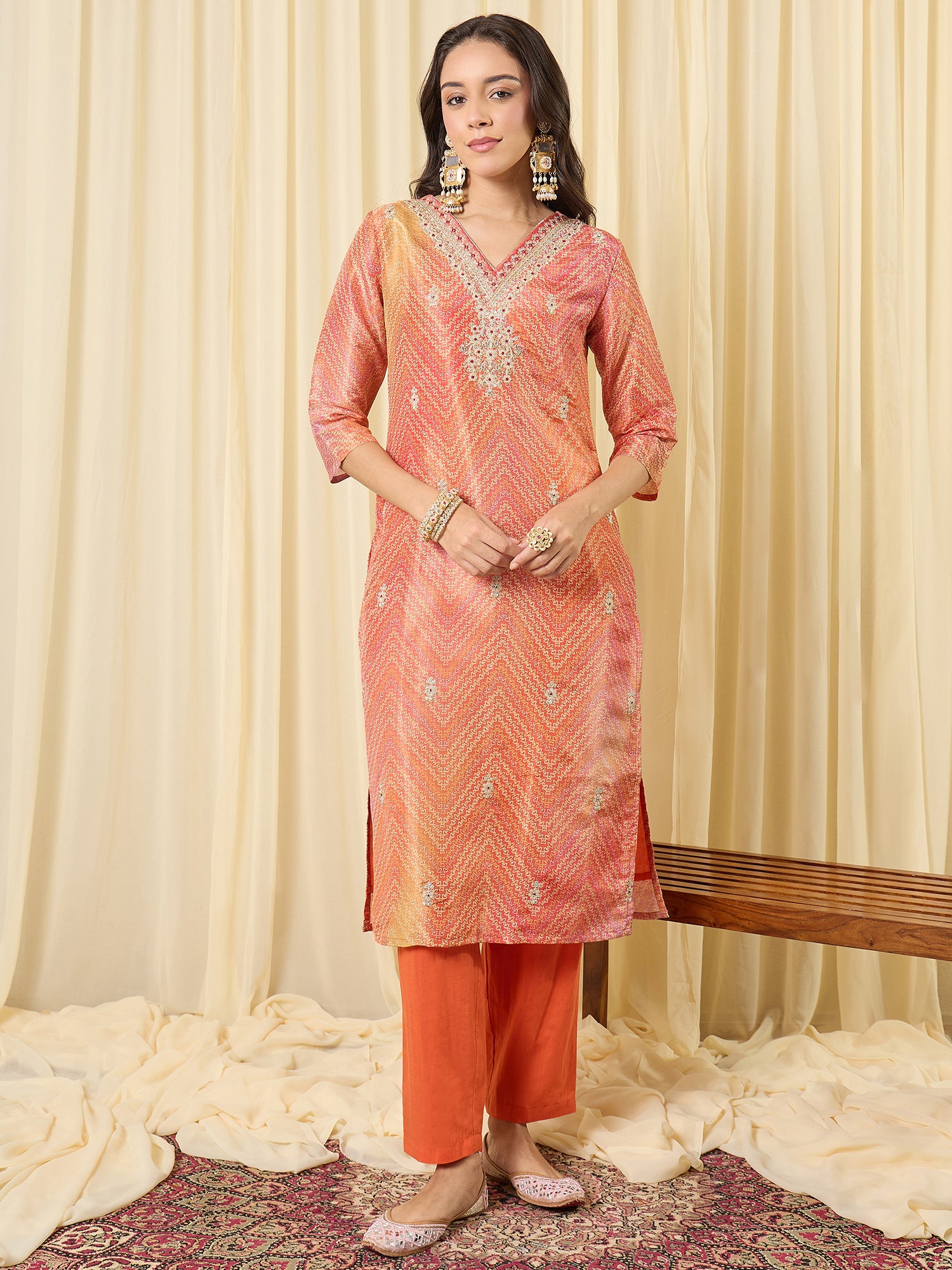 Indo Era Orange Embroidered Straight Kurta Trousers With Dupatta Set