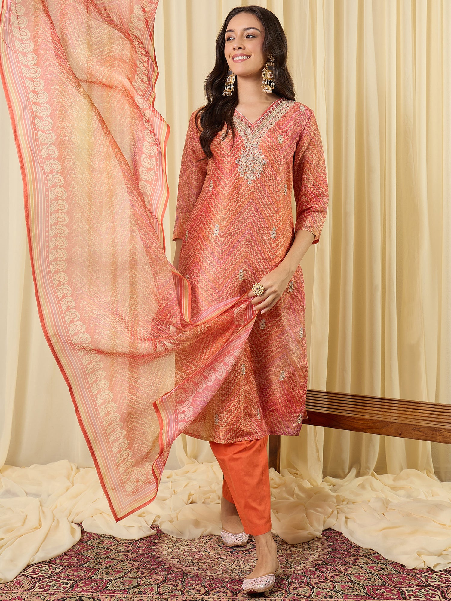 Indo Era Orange Embroidered Straight Kurta Trousers With Dupatta Set