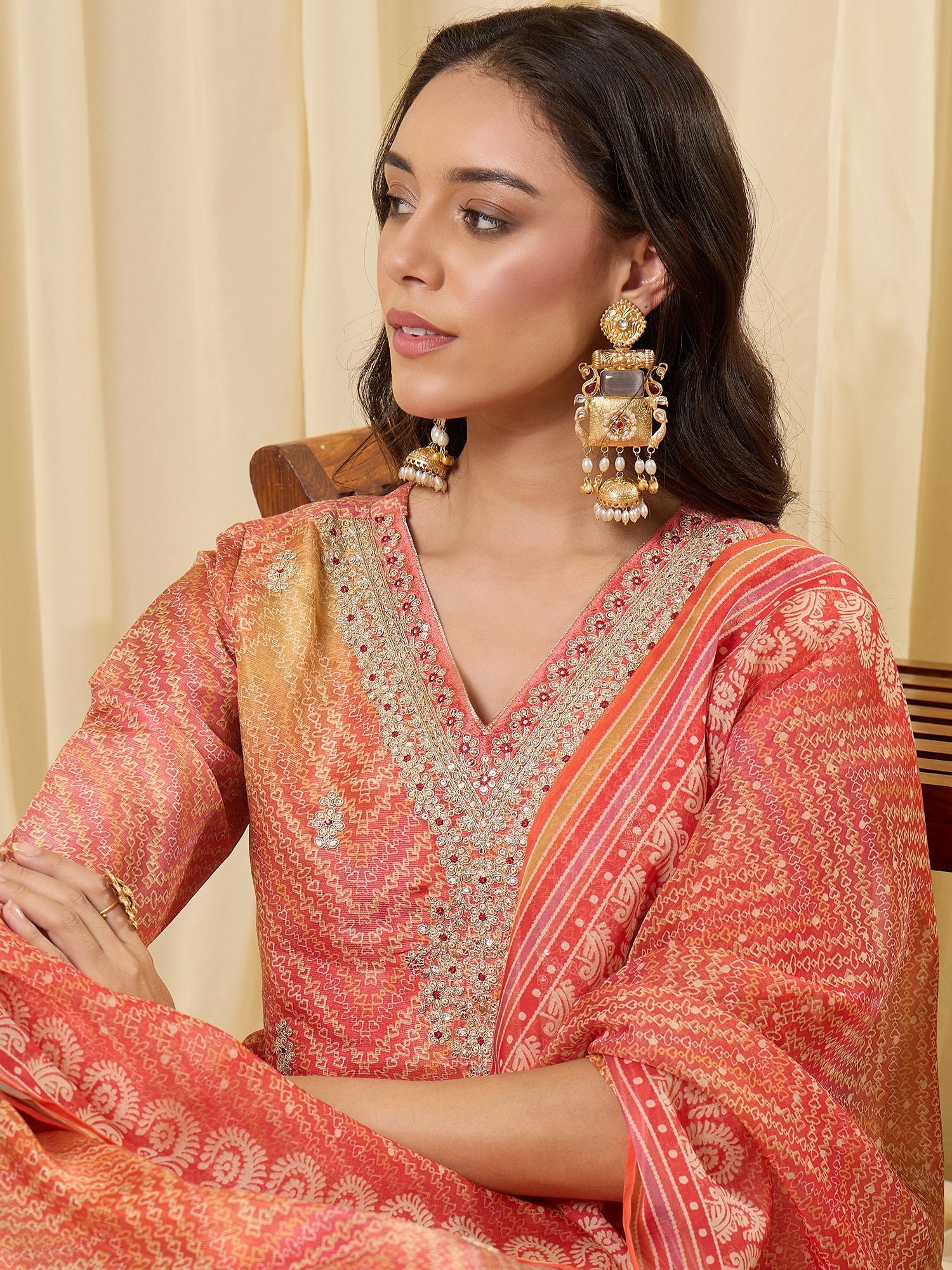 Indo Era Orange Embroidered Straight Kurta Trousers With Dupatta Set