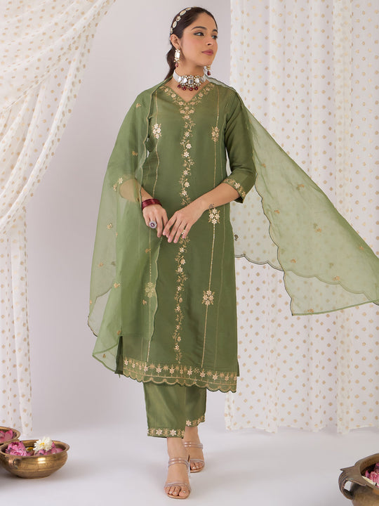 Indo Era Green Embroidered Straight Kurta Trousers With Dupatta Set