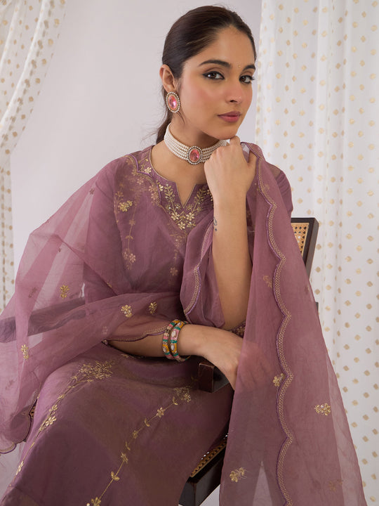 Indo Era Lavender Embroidered Straight Kurta Trousers With Dupatta Set