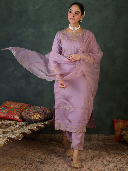 Pink Embroidered Silk Blend Straight Suit Sets With Dupatta