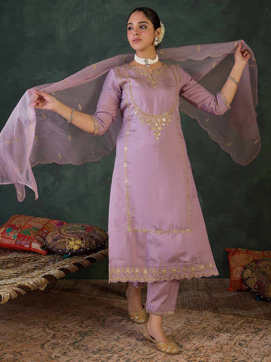 Pink Embroidered Silk Blend Straight Suit Sets With Dupatta
