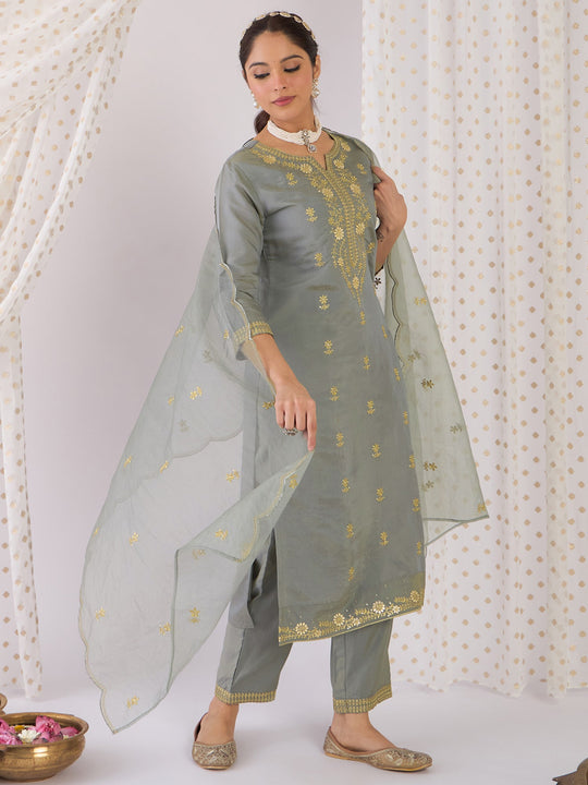 Indo Era Blue Embroidered Straight Kurta Trousers With Dupatta Set