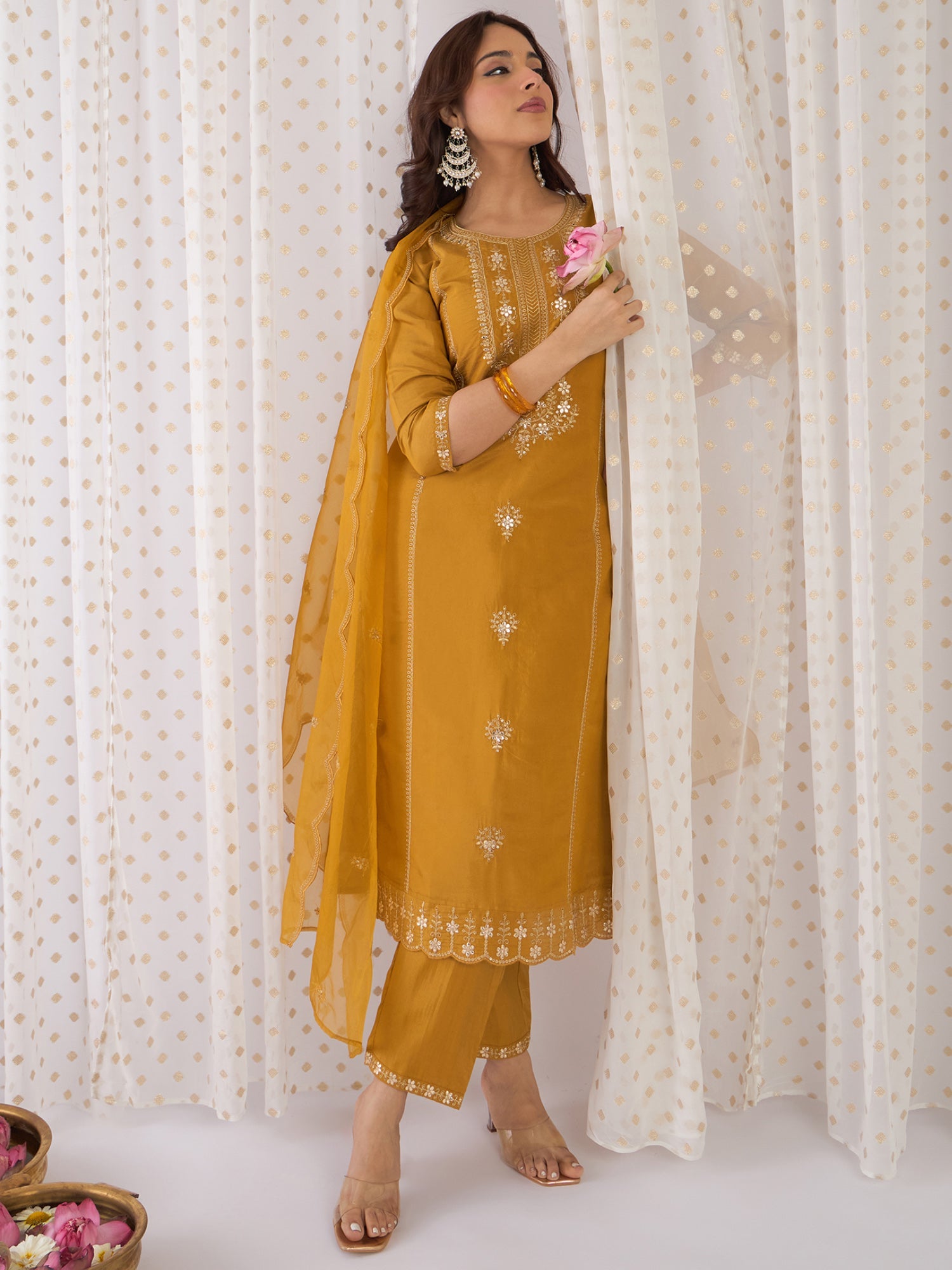 indo era, suit, kurta set for women, indo era kurta, kurta sets for ladies, summer dresses for women, 3 piece suit, cotton kurta set for women, new arrivals, women kurti plazo set, women in suit, kurta suit, floral kurta, short suit, spring summer, Mustard suit
