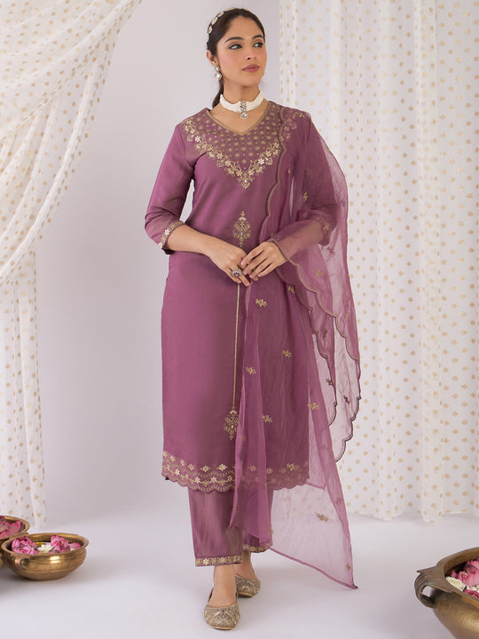 Indo Era Lavender Embroidered Straight Kurta Trousers With Dupatta Set