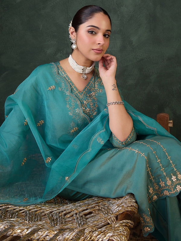 Blue Silk Blend Straight Kurta Pant With Dupatta