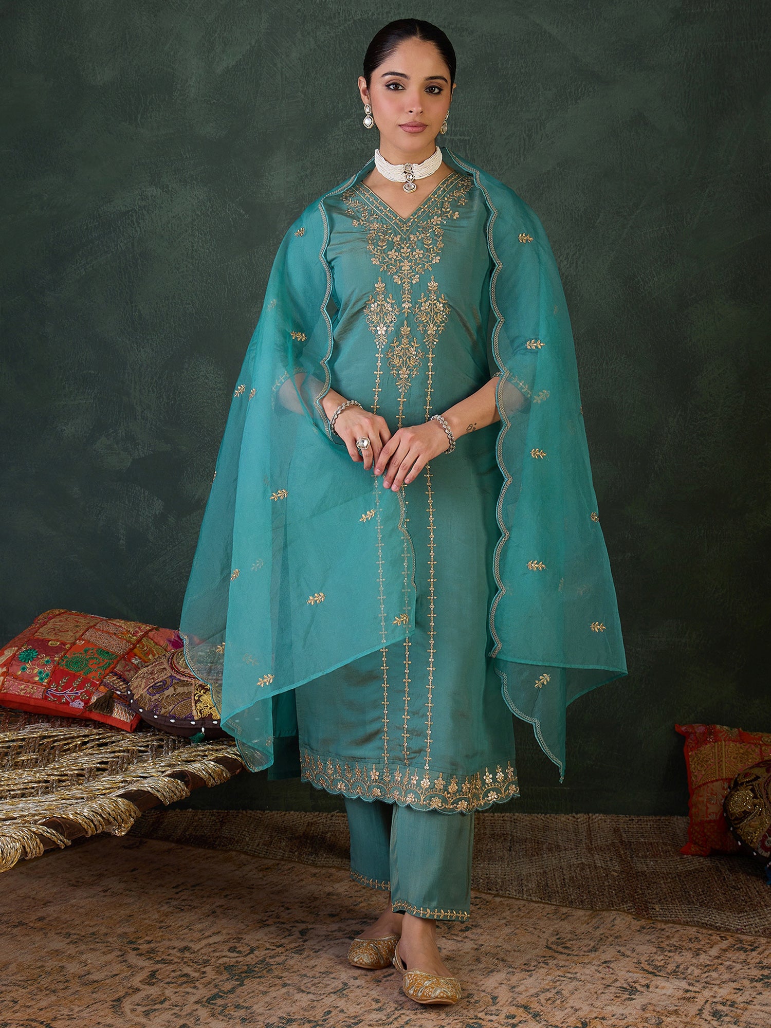 Blue Silk Blend Straight Kurta Pant With Dupatta