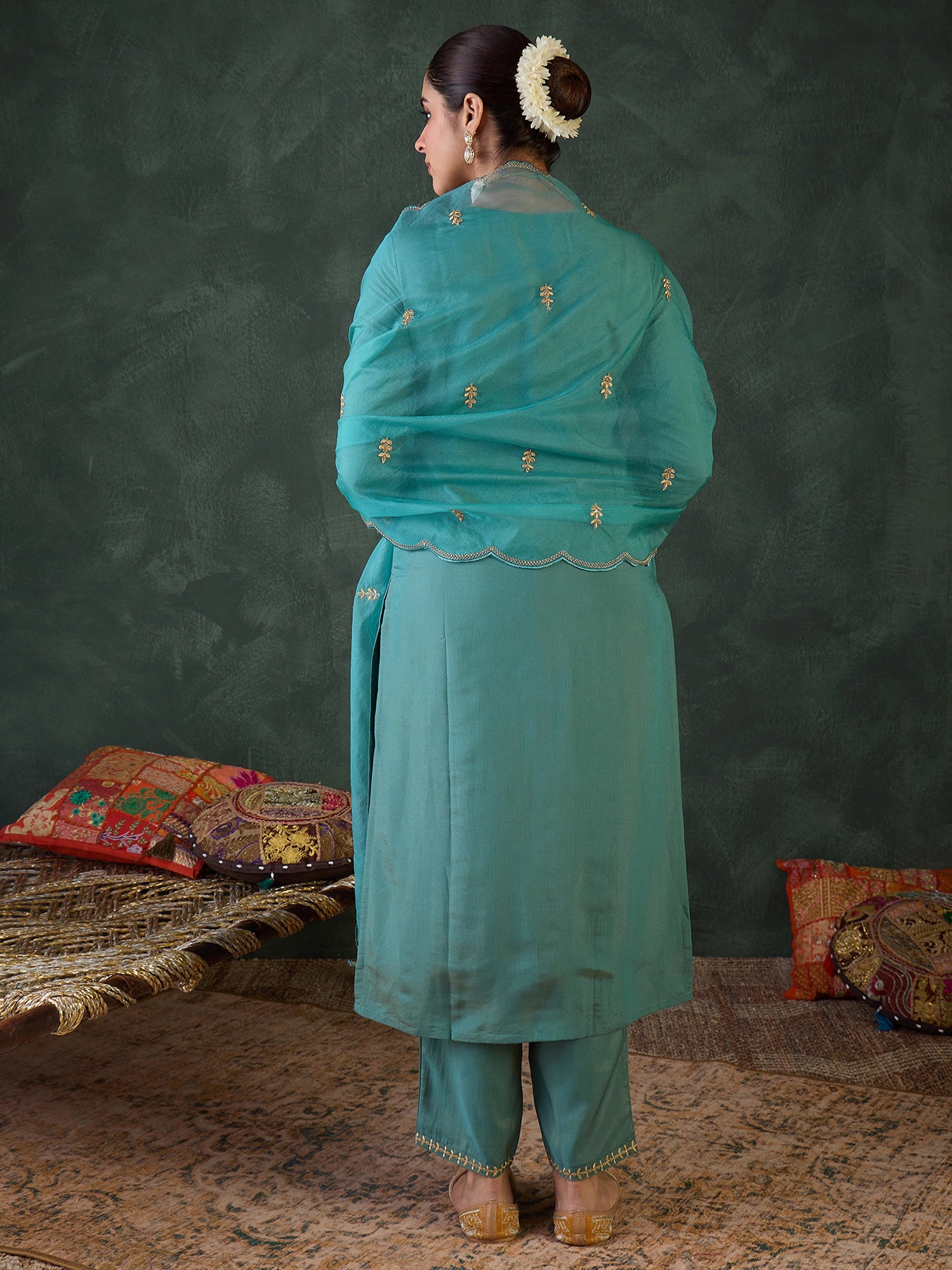 Blue Silk Blend Straight Kurta Pant With Dupatta