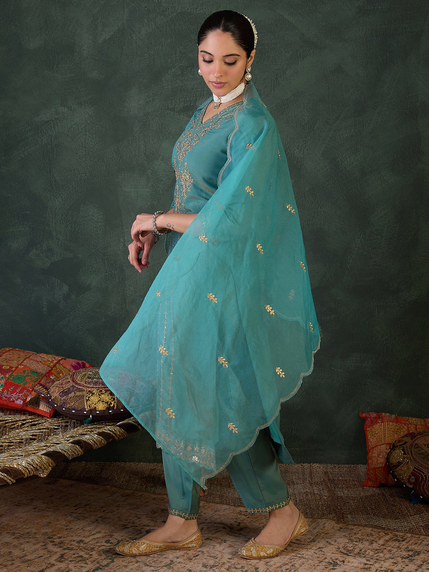 Blue Silk Blend Straight Kurta Pant With Dupatta