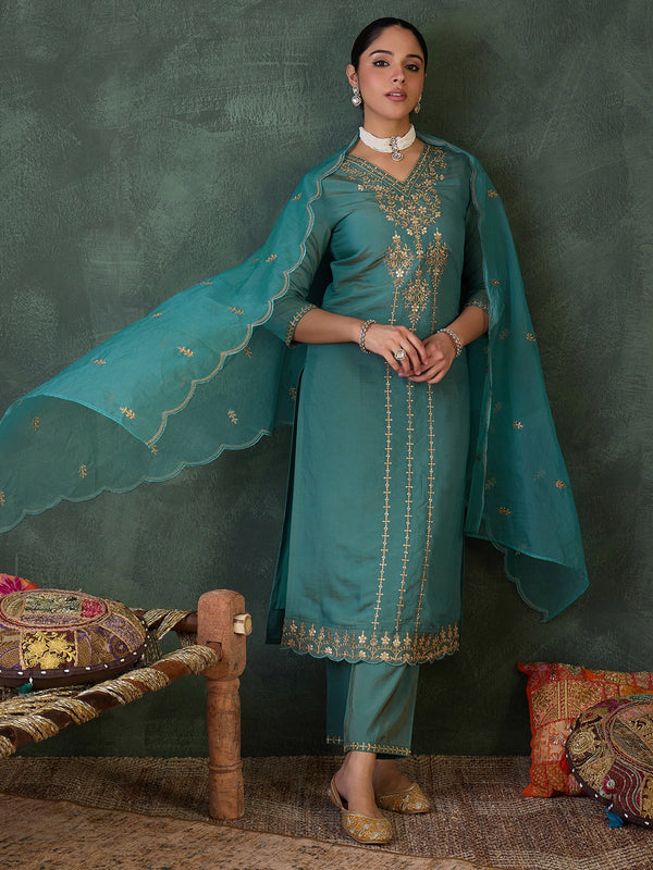 Blue Silk Blend Straight Kurta Pant With Dupatta