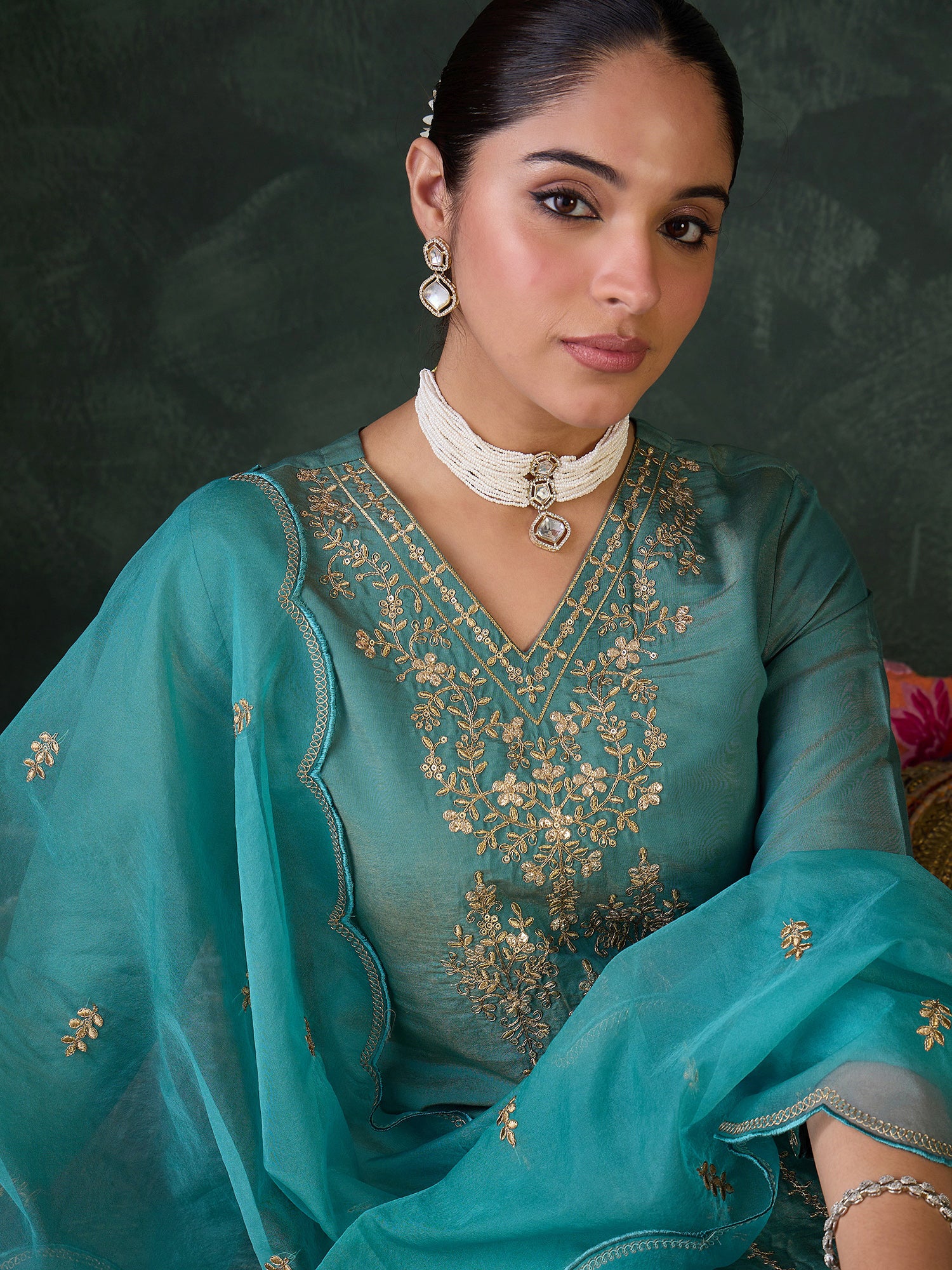Blue Silk Blend Straight Kurta Pant With Dupatta