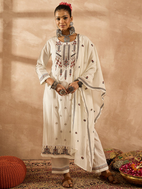 Indo Era White Embroidered Straight Kurta Trousers With Dupatta Set